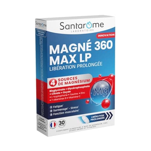 Santarome Magné Marin 360 Extra Fort 45 Comprimés - Comprimes pour Adultes - Sou soulagement - Prandial - Formule renfor — Magnésium 360 Max LP - Bisglycinate - Fatigue, Stress, nervosité - 30 comprimés
