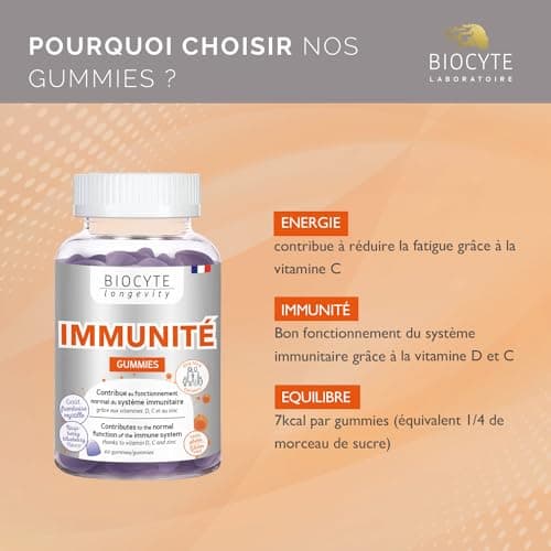 BIOCYTE Immunité Gummies pour Défenses Immunitaires - Vitamine D, C, Zinc, Echinacée, Merlot et Propolis - 60 Douces Gom