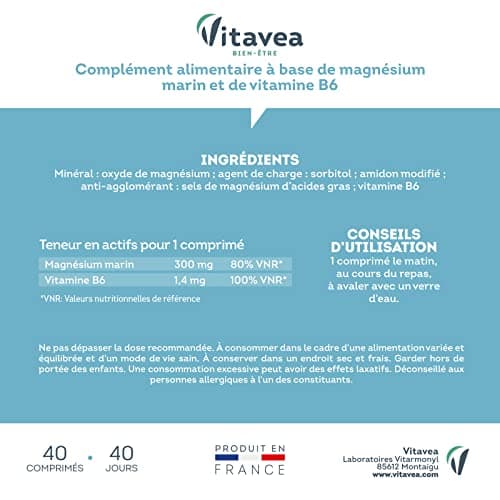 Vitavea Magnésium Marin Vitamine B6 Complément Alimentaire Anti Stress - Equilibre Nerveux - Relaxation - 40 Comprimés -
