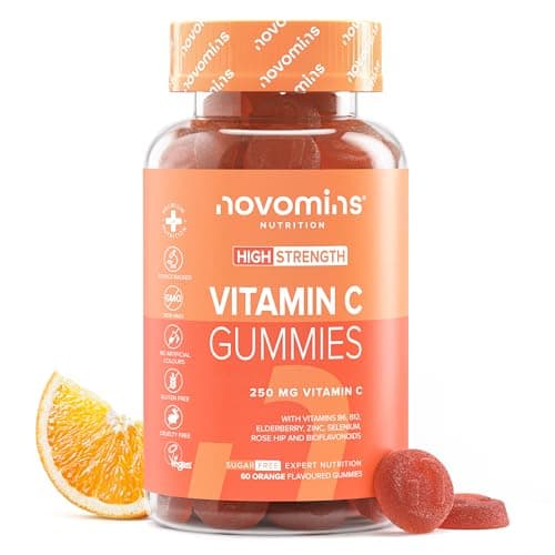 Novomins Gummies Vita C 250mg sans sucre – Immunité renforcée – 60 gélules véganes pour adultes avec bioflavonoïdes, cyn