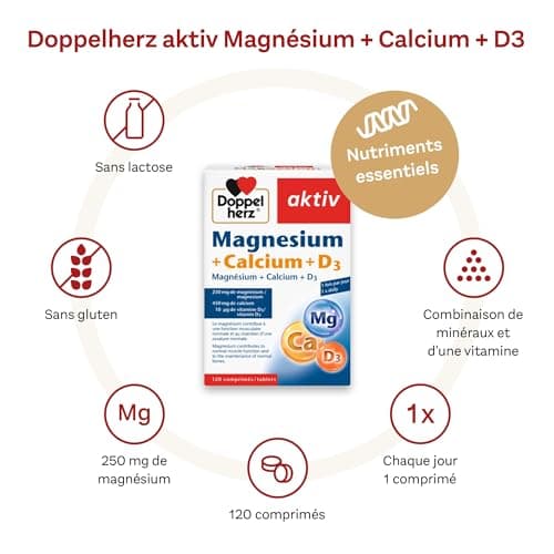 Doppelherz aktiv Magnésium+Calcium+D3, complément alimentaire pour une fonction musculaire et osseuse optimale, 120 comp