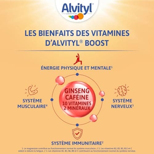 Alvityl Comprimés Boost Effervescents Ginseng et Caféine - 10 Vitamines - 2 Minéraux - 15 Ans + - 20 Jours - Rouge - 20