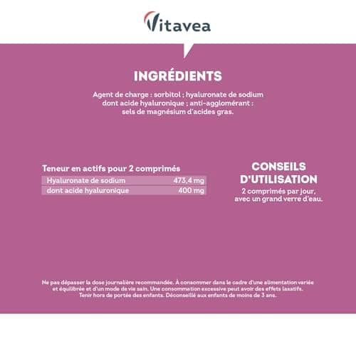 Vitavea Acide Hyaluronique Pur 400 mg Vegan - Anti-Âge & Hydratation Profonde - Formule à Haute Absorption - 60 Comprimé