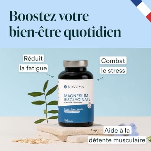 NOVOMA Magnésium Bisglycinate & Taurine & Vitamine B6 - Combат la Fatigue & le Stress - 300mg/j - 120 Gélules - Hautemen
