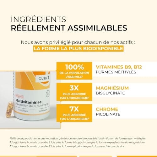 Multivitamines et Minéraux CUURE - Vitamines A B C D E + Magnésium & Zinc - Nutriments Biodisponibles & Haute Absorption