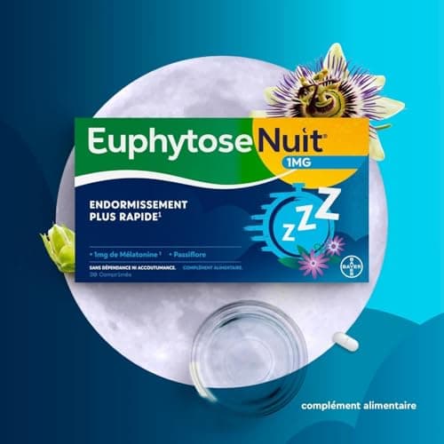EuphytoseNuit Mélatonine 1mg Complément Alimentaire pour Endormissement Rapide & Sommeil de Qualité - 3 Packs de 30 Comp