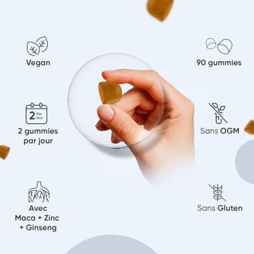 Multivitamines Homme Gummies 90 Pièces Vegane avec Maca et Ginseng Panax, Vitamines C, B et A, Zinc et Sélénium, Goût Pê