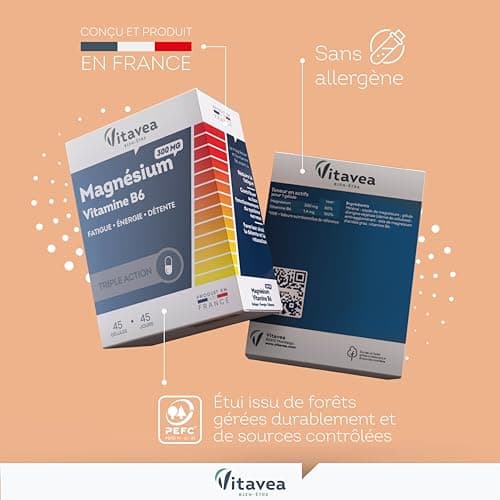 VITAVEA BIEN-ETRE Magnésium 300 mg Vitamine B6 Fatigue, Détente, Energie, Relaxation, Equilibre Nerveux - 45 gélules - C