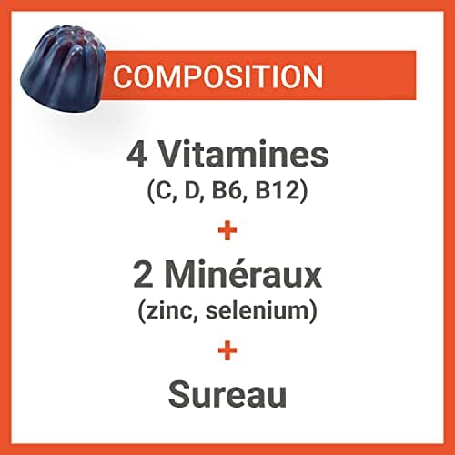 VITASCORBOL Gommes immunité Multivitamines - 4 Vitamines 2 Minéraux - Sureau Goût Fruits Rouges Naturel - 50 Gommes, Com