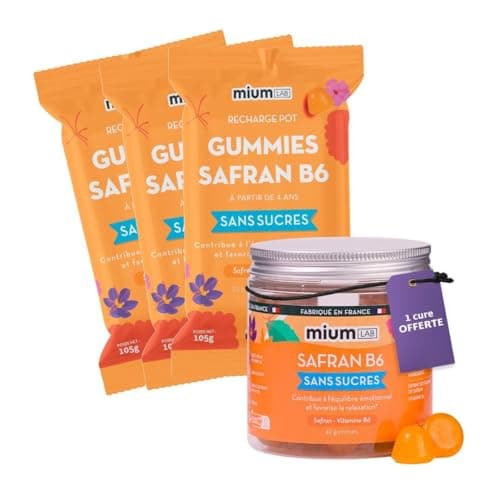 Mium Lab Gummis de Safrane pour Enfants & Adultes - Sans Sucre, Hautement Dosé en Safran & Vitamine B6 - Fabriqué en Fra — 1 Pot + 3 Éco-recharges