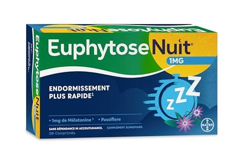 EuphytoseNuit Mélatonine 1mg Complément Alimentaire pour Endormissement Rapide & Sommeil de Qualité - 3 Packs de 30 Comp