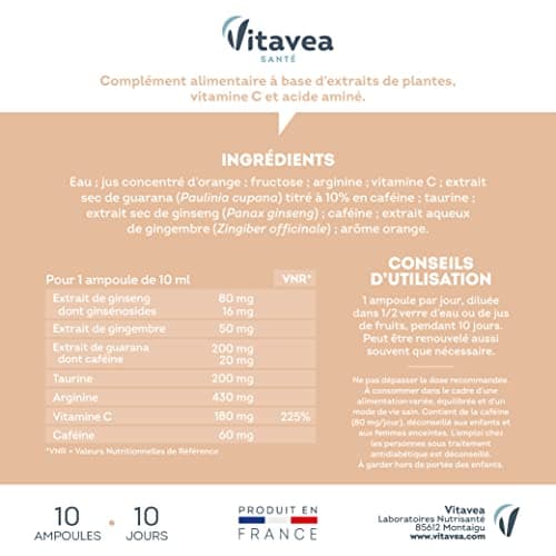 Vitavea Power Max Formule Renforcée 7 Actifs - Boost Energie Immédiate 10 Ampoules (Ginseng, Caféine, Guarana) - 10 Jour