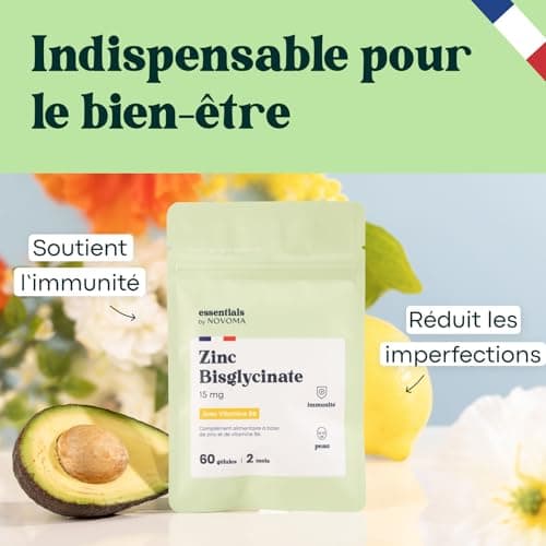 Zinc Bisglycinate + Vitamine B6 Essentiels by Novoma - Renforce l'Immunité & Combat l'Acné, Optimisation de l'Assimilati