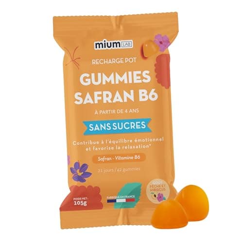 Mium Lab Gummis de Safrane pour Enfants & Adultes - Sans Sucre, Hautement Dosé en Safran & Vitamine B6 - Fabriqué en Fra — 1 Éco-recharge