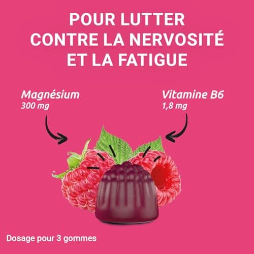 MAG 2 - Gommes framboise au magnésium et vitamine B6 - Anti-nervosité et anti-fatigue pour adultes - Sans sucres ajoutés