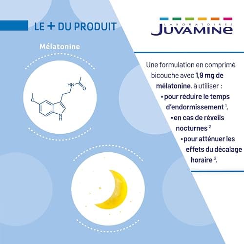JUVAMINE Nuit Complète Mélatonine 1,9 mg Endormissement Réveils Nocturnes Programme 1 Mois 30 Comprimés Bicouche Fabrica