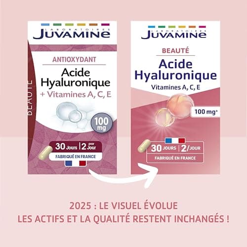 JUVAMINE Acide Hyaluronique + Vitamines A,C,E - Gelules Végétales pour Beauté de la Peau - Programme 30 Jours 60 Gélules