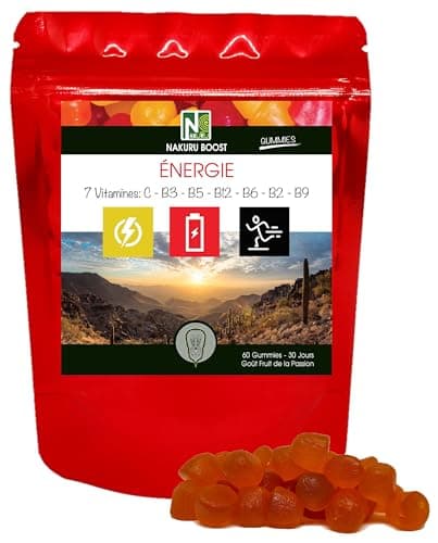 NAKURU Énergie Gummies Gamme Boost Saveur Fruit de la Passion Fabriqué en France 7 Vitamines C-B3-B5-B12-B6-B2-B9 60 Gum