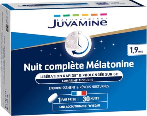 JUVAMINE Nuit Complète Mélatonine 1,9 mg Endormissement Réveils Nocturnes Programme 1 Mois 30 Comprimés Bicouche Fabrica