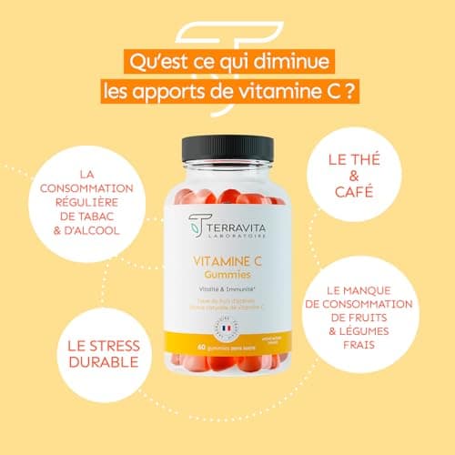 Vitamines C Terravita Gummies Enfants & Adultes | Energie - Tonus - Immunité | 1 Gummy = 100% des AR | 60 Gummies sans S
