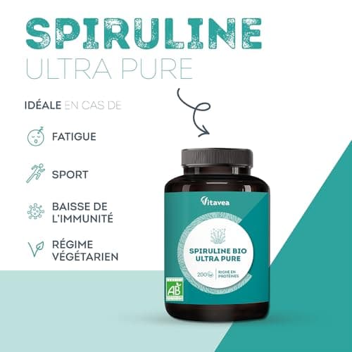 Spiruline Vitavea - Pure, Riche en Protéines et Phycocyanine - Immunité & Lutte contre la Fatigue - 200 Comprimés Vegan,