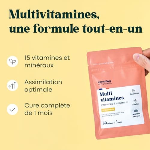 Multivitamines et Minéraux Novoma, 15 Nutriments Essentiels, Vitamines A B C D E + Magnésium & Zinc, Immunité & Énergie,