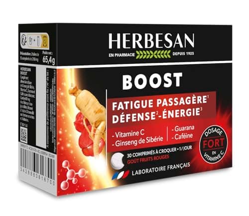 HERBESAN® COMPLEXE BOOST 3 ACTIFS CAFÉINE - Énergétique Fruit Rouges 30 Comprimés à Croquer - Effet Coup de Fouet França
