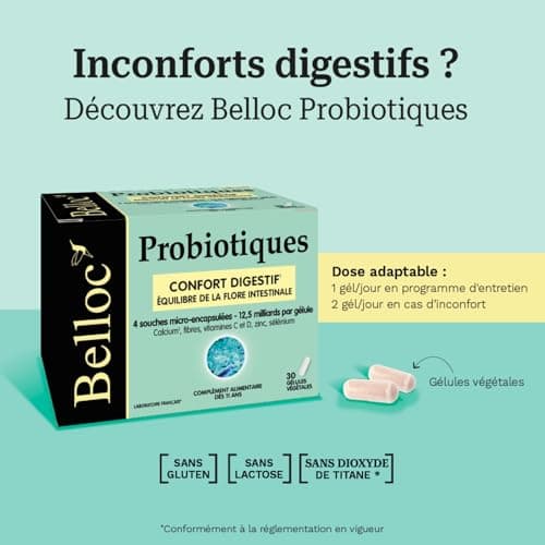 Belloc Probiotiques - Confort digestif – Equilibre de la Flore Intestinale - 4 Souches Microbiotiques - Dès 11 ans