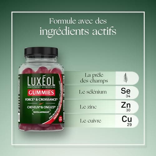 LUXÉOL 60 Gummies Cheveux & Ongles - Complément Alimentaire Sans Sucres Arôme Framboise Naturel - 1 Mois Fabrication Fra