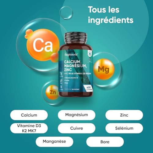 Calcium Magnésium Zinc Vitamine D3 K2 MK7 Vegan 400 Comprimés pour Ados et Adults - Multivitamines et Minéraux Forts en