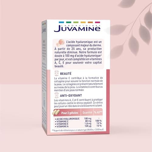JUVAMINE Acide Hyaluronique + Vitamines A,C,E - Gelules Végétales pour Beauté de la Peau - Programme 30 Jours 60 Gélules