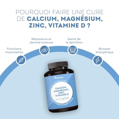 Vitavea Calcium, Magnésium, Zinc, Vitamine D3 - Complexe santé osseuse, énergie et immunité - 120 Comprimés