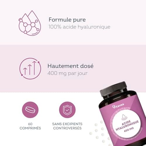 Vitavea Acide Hyaluronique Pur 400 mg Vegan - Anti-Âge & Hydratation Profonde - Formule à Haute Absorption - 60 Comprimé
