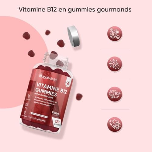Vitamine B12 Méthylcobalamine 1000mcg 120 Gummies pour Adultes - 4 Mois d'Approvisionnement Goût de Grenade - Sans OGM e