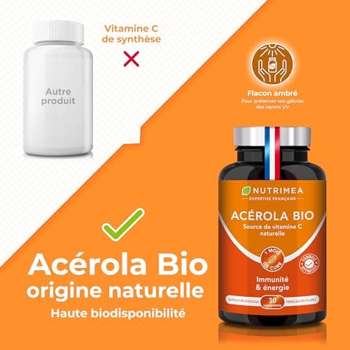 ACEROLA BIO Naturelle Fortement Concentrée en Vitamine C Réduit la Fatigue & Protège du Stress Oxydatif - Nutrimea 30 Co
