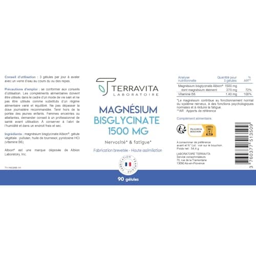MAGNÉSIUM BISGLYCINATE TRAACS Vegan Made in France Terravita | Biodisponibilité Maximale Sans Effet Laxatif |contre la F