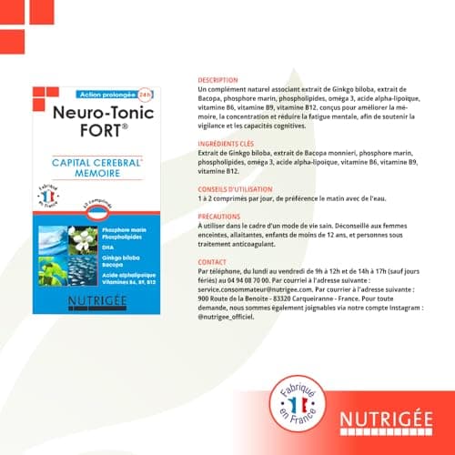 NUTRIGÉE Neuro Tonic Fort Stimule la Mémoire et les Fonctions Cérébrales - 60 Comprimés - Programme de 30 à 60 Jours - F