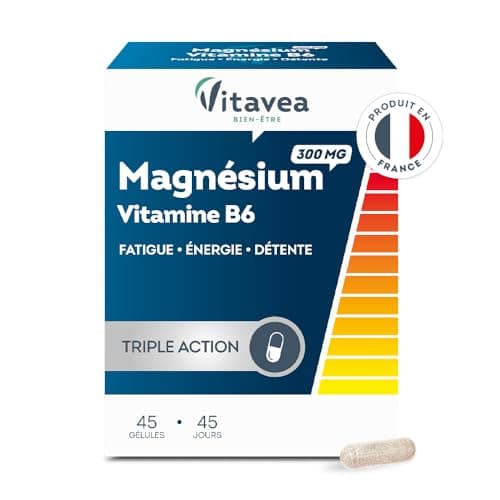 VITAVEA BIEN-ETRE Magnésium 300 mg Vitamine B6 Fatigue, Détente, Energie, Relaxation, Equilibre Nerveux - 45 gélules - C
