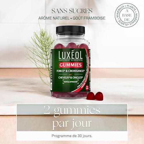 LUXÉOL 60 Gummies Cheveux & Ongles - Complément Alimentaire Sans Sucres Arôme Framboise Naturel - 1 Mois Fabrication Fra