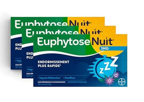 EuphytoseNuit Mélatonine 1mg Complément Alimentaire pour Endormissement Rapide & Sommeil de Qualité - 3 Packs de 30 Comp