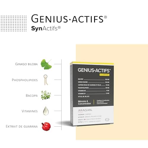 Geniusactifs - Mémoire & Concentration - Ginkgo Biloba, Caféine, Guarana - 15 Jours De Prise - 30 Comprimés - Aragan