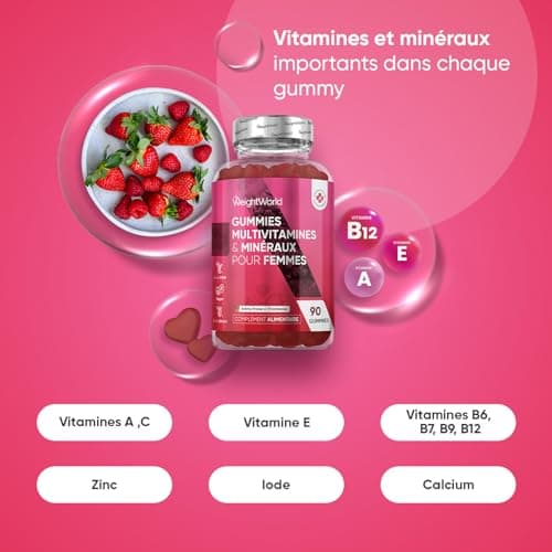 Multivitamines Femme Gummies Vegan 13 Vitamines Minéraux, Vitamine C E A B Zinc Iode Acide Hyaluronique Omega 6 9 90 Gum