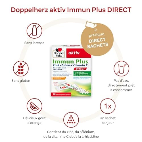 Doppelherz Immun Plus Direct – Zinc, Sélénium et Vitamine C pour le Système Immunitaire – 20 Sachets