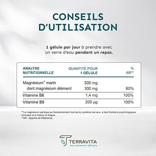 Magnésium Marin Teravita 300mg Gélules Bio Disponibles | Améliore le Sommeil | Lutte contre le Stress et la Fatigue | 10