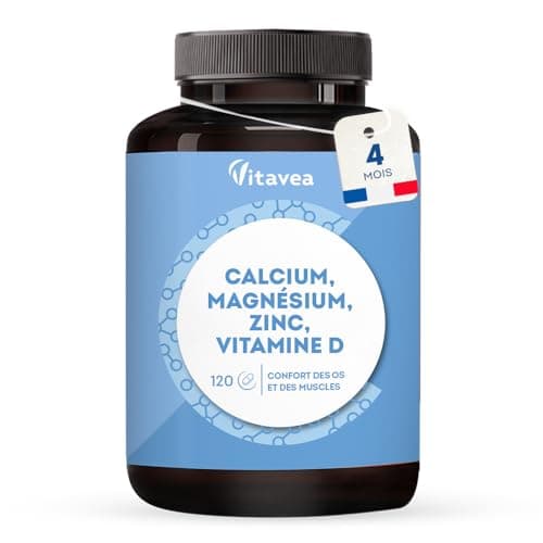 Vitavea Calcium, Magnésium, Zinc, Vitamine D3 - Complexe santé osseuse, énergie et immunité - 120 Comprimés