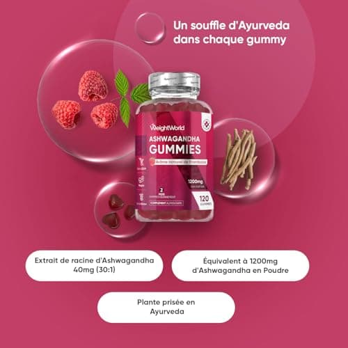 Ashwagandha Gummies Vegan 1200mg, Framboise, Ginseng Indien pour 2 Mois - Bon Alternative aux Gélules