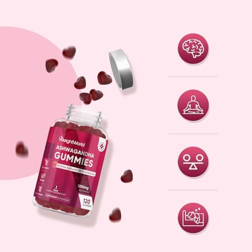 Ashwagandha Gummies Vegan 1200mg, Framboise, Ginseng Indien pour 2 Mois - Bon Alternative aux Gélules