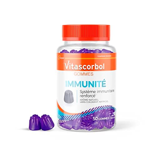 VITASCORBOL Gommes immunité Multivitamines - 4 Vitamines 2 Minéraux - Sureau Goût Fruits Rouges Naturel - 50 Gommes, Com