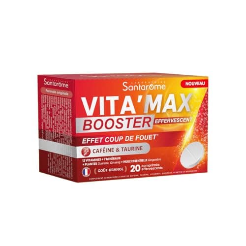 Santarome VITA'MAX Caféine & Taurine Booster, Comprimés Énergétiques pour Adultes, Matinée Énergisante, 20 Comprimés — Vita'max Booster Effervescent - 20 comprimés