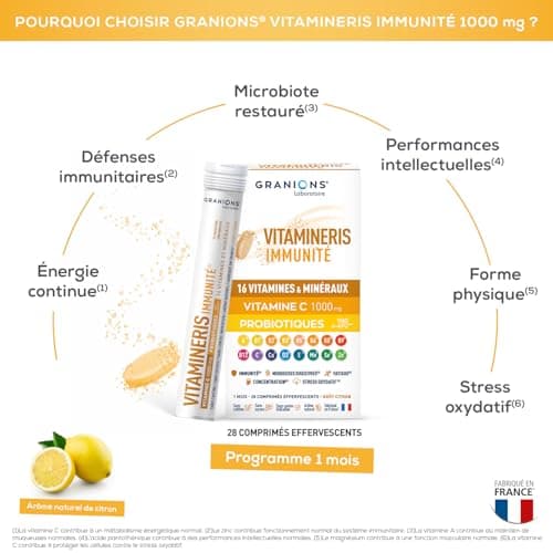 GRANIONS VITAMINERIS IMMUNITE | Vitamine C 1000mg, Vitamine A, 16 Vitamines et Minéraux, Immunité et Santé, Concentratio